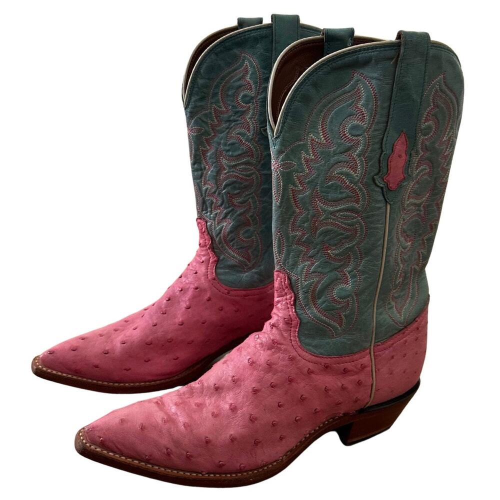 Tony Lama Pink Turquoise Exotic Quill Ostrich Cowboy Boots Vintage Rare I 8